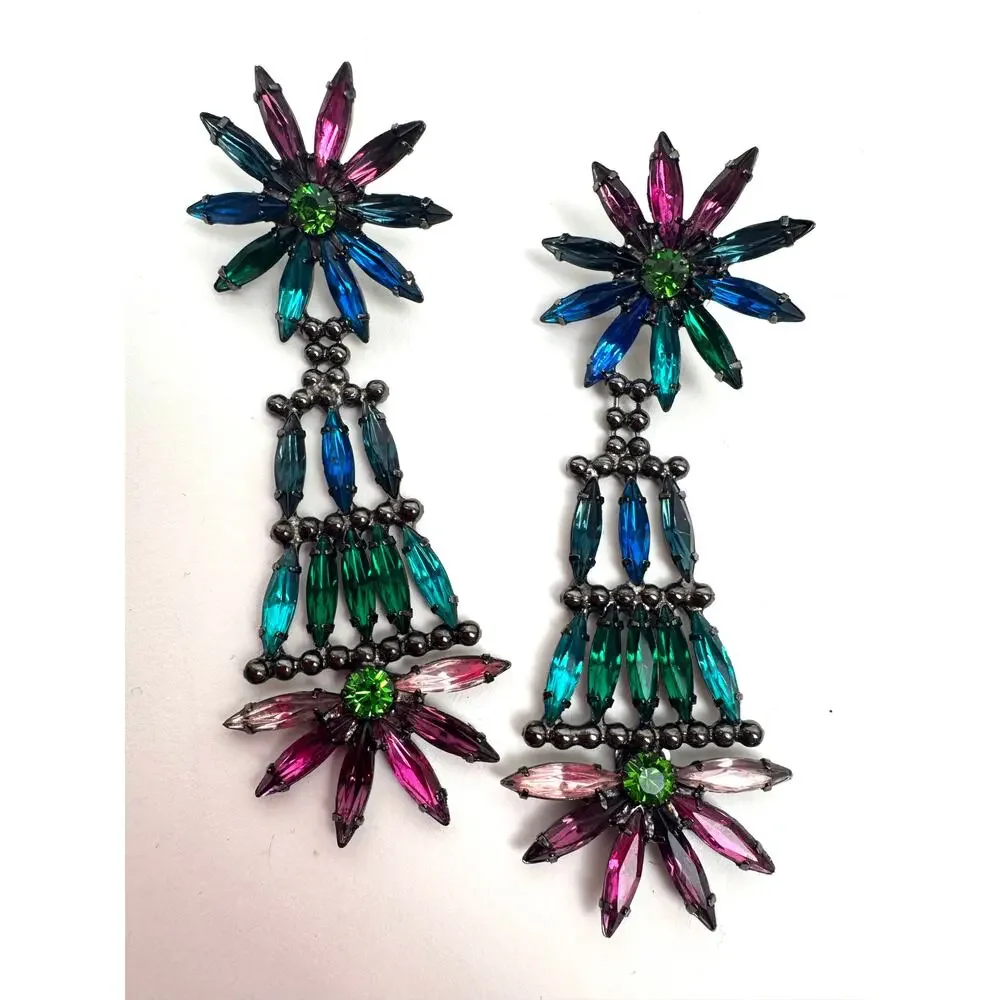 Doug Paulus Signed Rainbow Crystal Starbust Long Drop Earrings NWOT